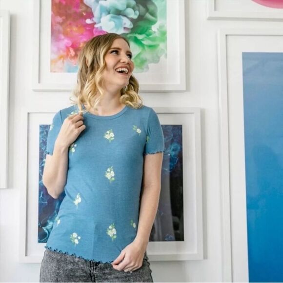 LuLaRoe XL Kelly Blue White Yellow Daisy Print Ribbed Short Sleeve Crewneck Top - Picture 4 of 14